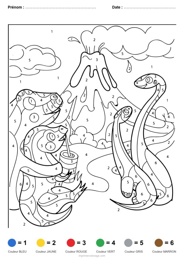 coloriage magique dinosaure dinosaures et volcan, dessin gratuit &agrave; imprimer