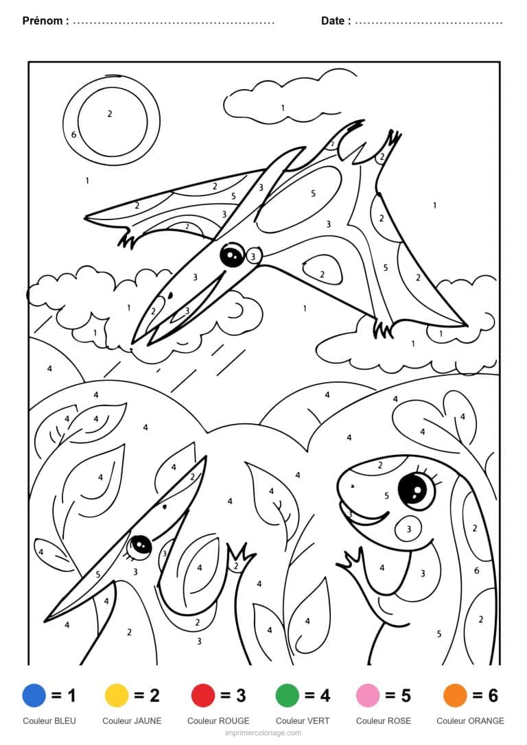 coloriage magique dinosaure pterodactyle en vol, dessin gratuit &agrave; imprimer