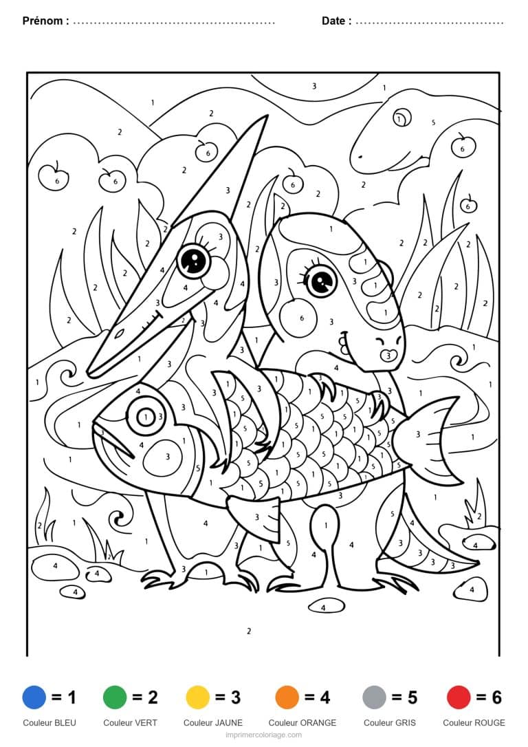 coloriage magique dinosaure pterodactyle et dinosaure, dessin gratuit &agrave; imprimer