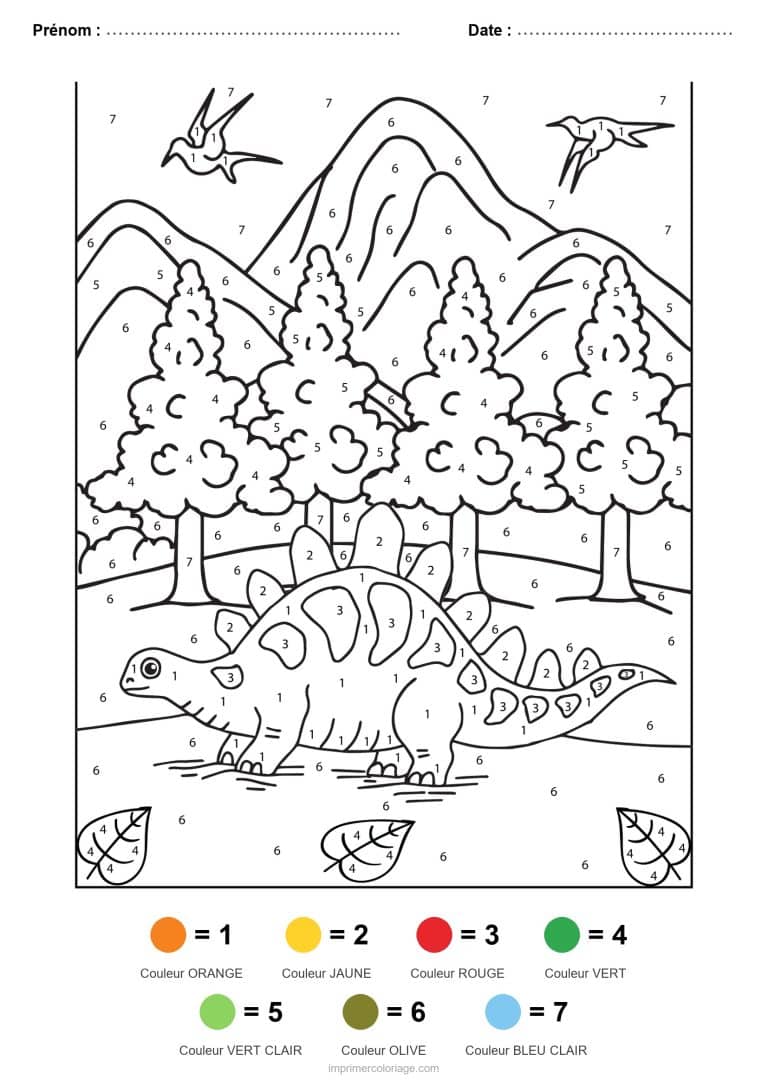 coloriage magique dinosaure stegosaure et pterodactyles, dessin gratuit &agrave; imprimer