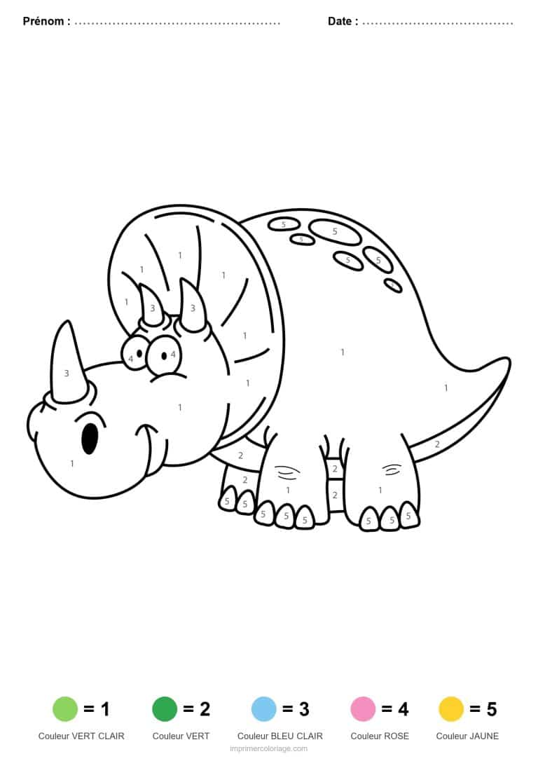coloriage magique dinosaure triceratops, dessin gratuit &agrave; imprimer