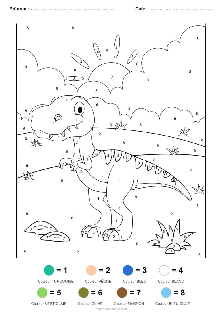 coloriage magique dinosaure tyrannosaure 2, dessin gratuit &agrave; imprimer