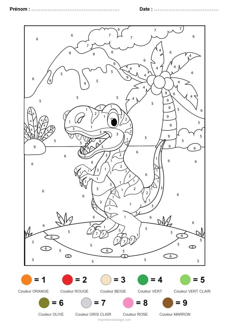 coloriage magique dinosaure tyrannosaure au bord de l eau, dessin gratuit &agrave; imprimer