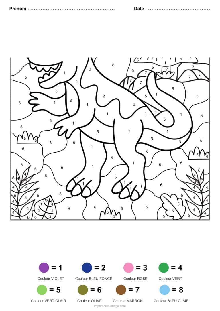 coloriage magique dinosaure tyrannosaure et sapin, dessin gratuit &agrave; imprimer