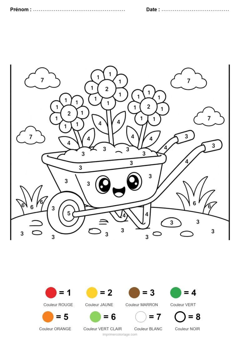 coloriage magique maternelle brouette de fleurs, dessin gratuit &agrave; imprimer