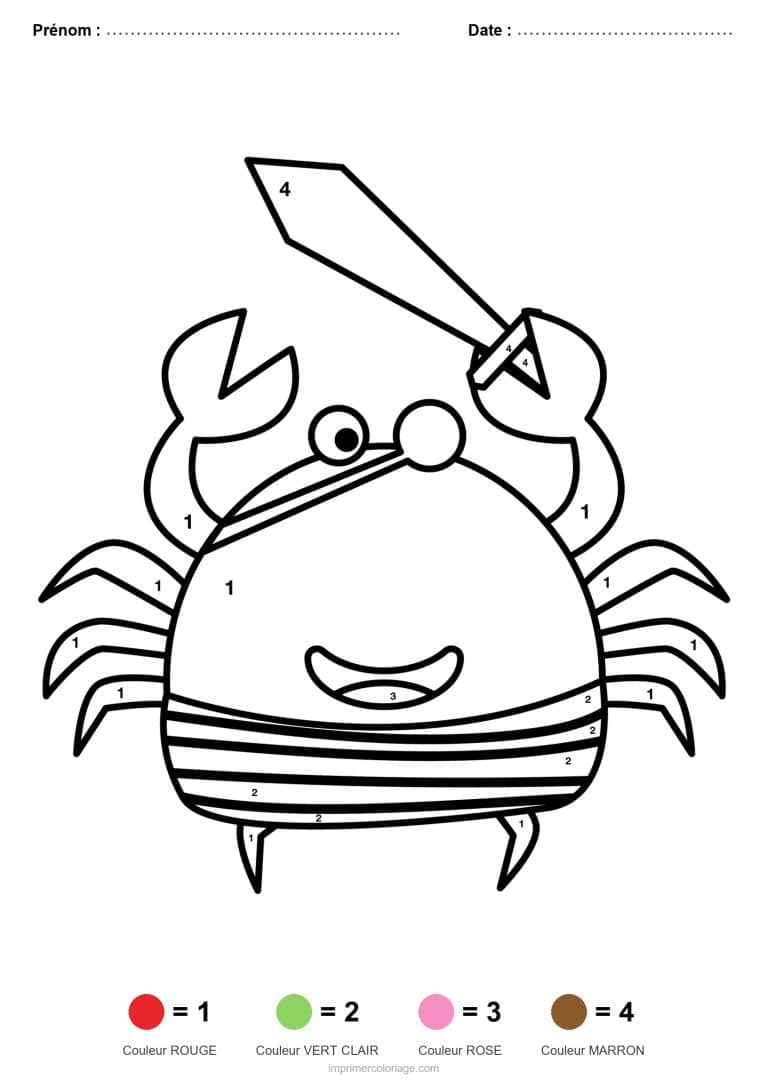 coloriage magique maternelle crabe pirate, dessin gratuit &agrave; imprimer