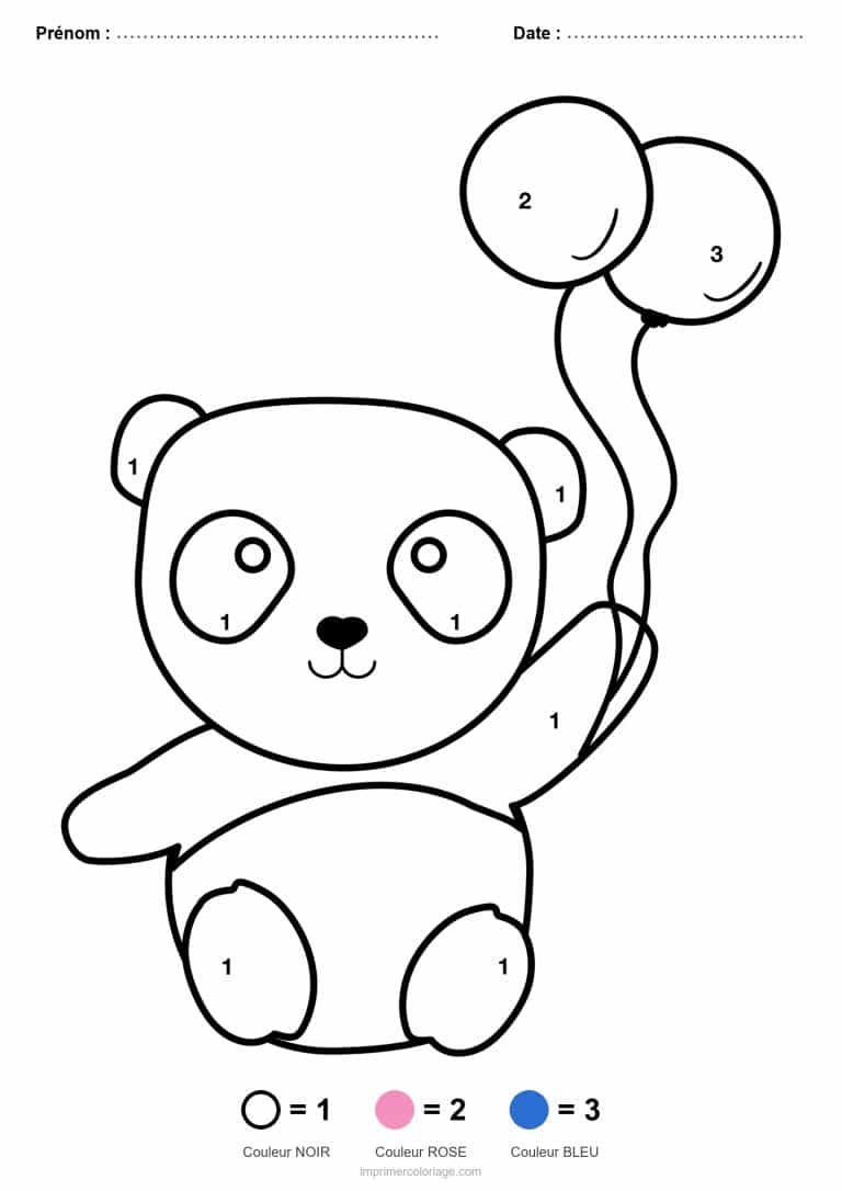 coloriage magique maternelle panda aux ballons, dessin gratuit &agrave; imprimer