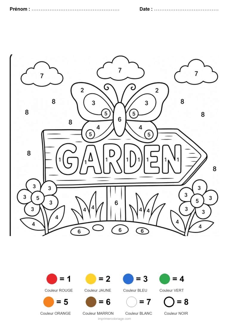coloriage magique maternelle papillon au jardin, dessin gratuit &agrave; imprimer