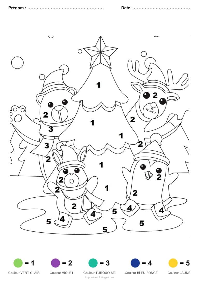 coloriage magique noel animaux et sapin, dessin gratuit &agrave; imprimer