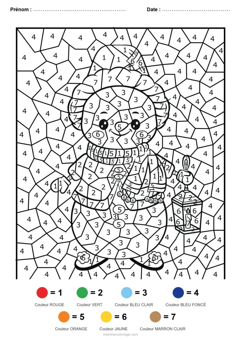 coloriage magique noel bonhomme de neige, dessin gratuit &agrave; imprimer