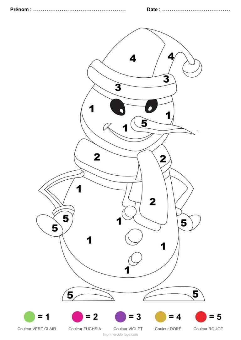 coloriage magique noel bonhomme de neige a l echarpe, dessin gratuit &agrave; imprimer
