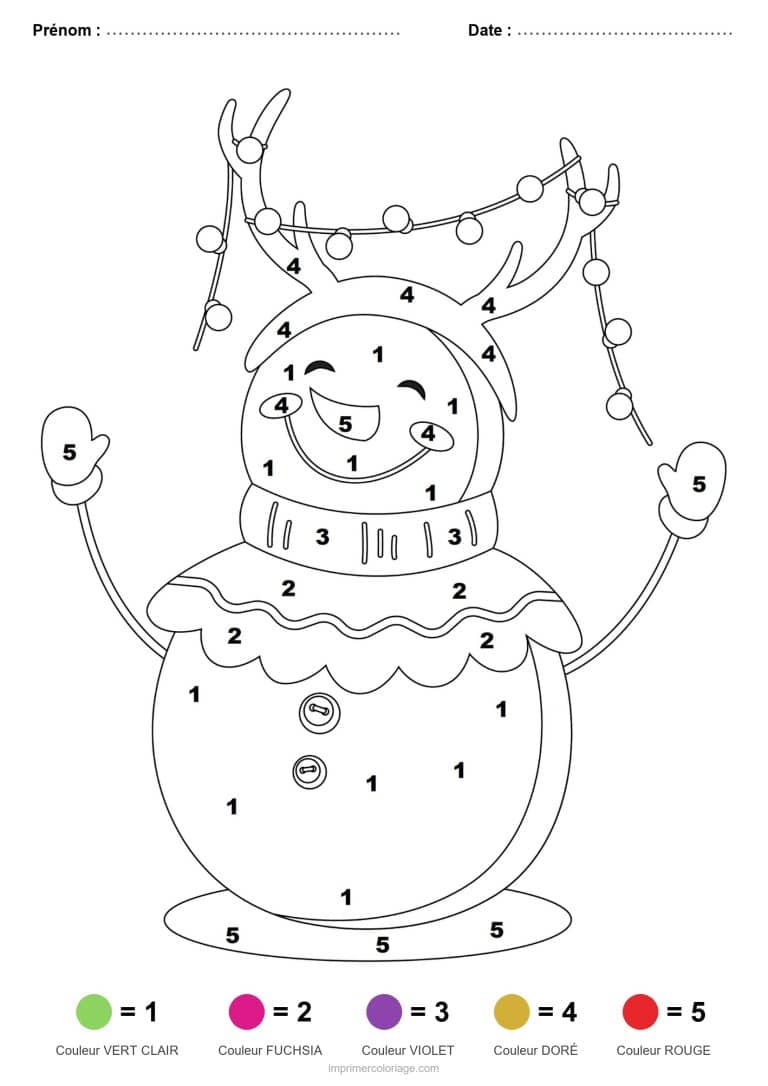 coloriage magique noel bonhomme de neige a la guirlande, dessin gratuit &agrave; imprimer