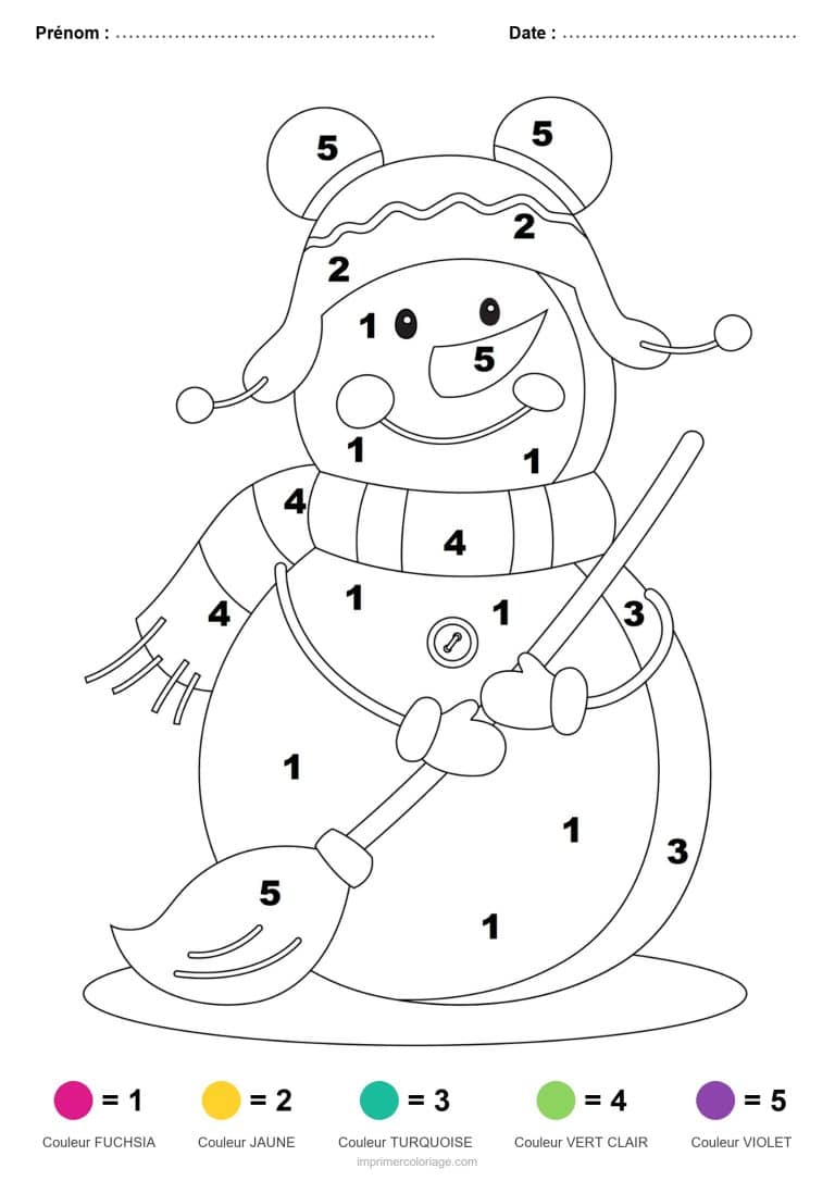 coloriage magique noel bonhomme de neige au balai, dessin gratuit &agrave; imprimer
