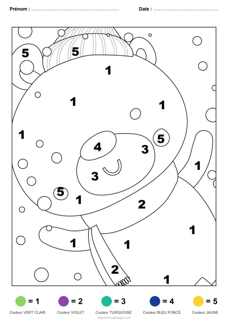 coloriage magique noel bonhomme de neige au bonnet, dessin gratuit &agrave; imprimer