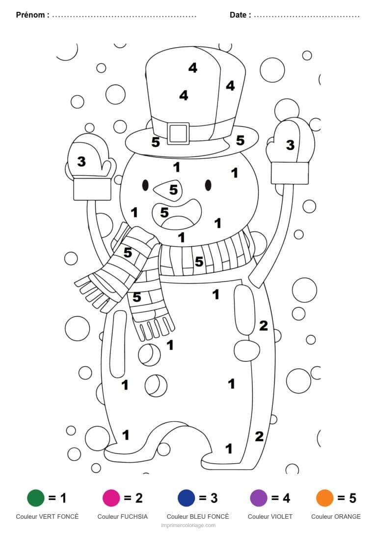 coloriage magique noel bonhomme de neige au chapeau, dessin gratuit &agrave; imprimer