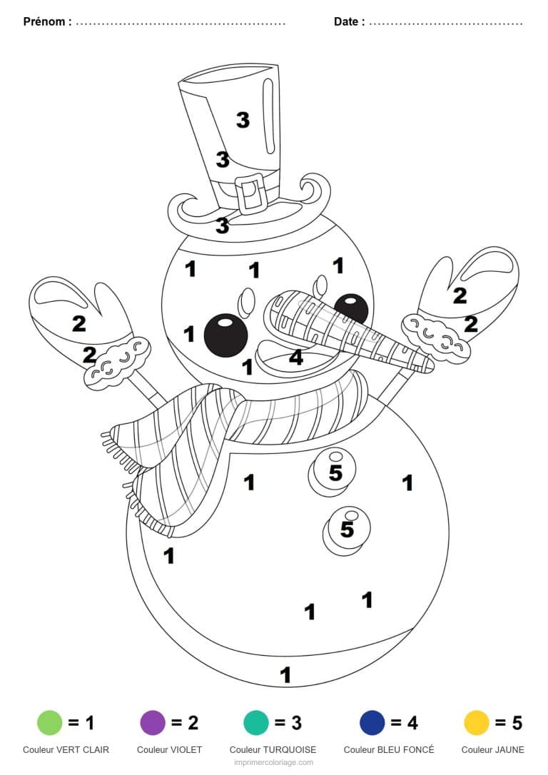 coloriage magique noel bonhomme de neige au haut de forme, dessin gratuit &agrave; imprimer