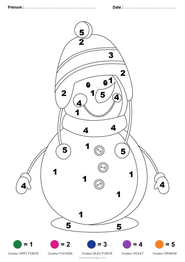 coloriage magique noel bonhomme de neige au long bonnet, dessin gratuit &agrave; imprimer