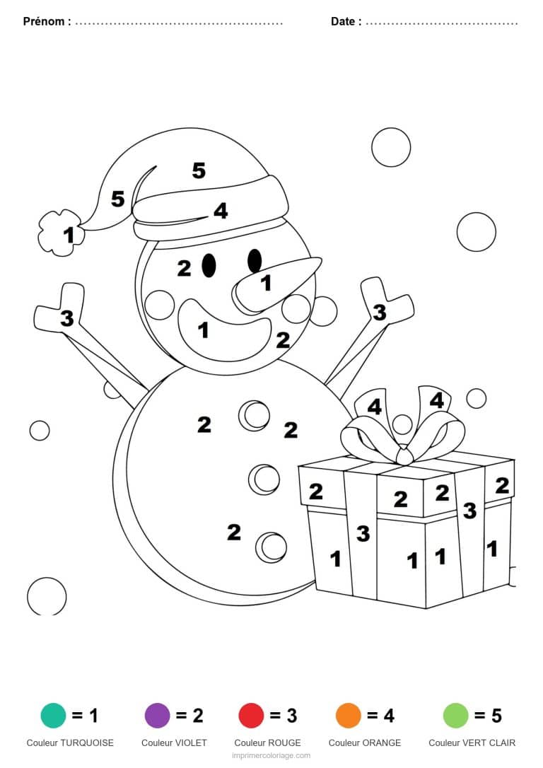 coloriage magique noel bonhomme de neige et cadeau, dessin gratuit &agrave; imprimer