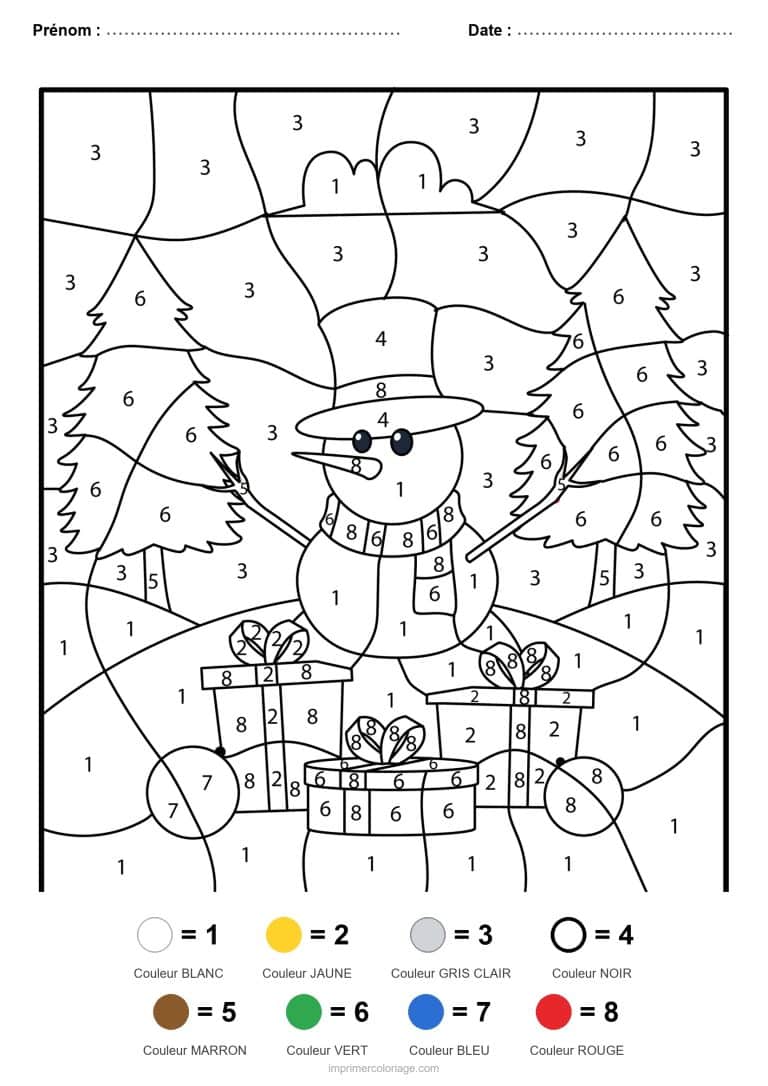 coloriage magique noel bonhomme de neige et cadeaux, dessin gratuit &agrave; imprimer