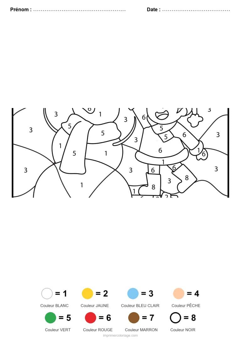 coloriage magique noel bonhomme de neige et enfant, dessin gratuit &agrave; imprimer