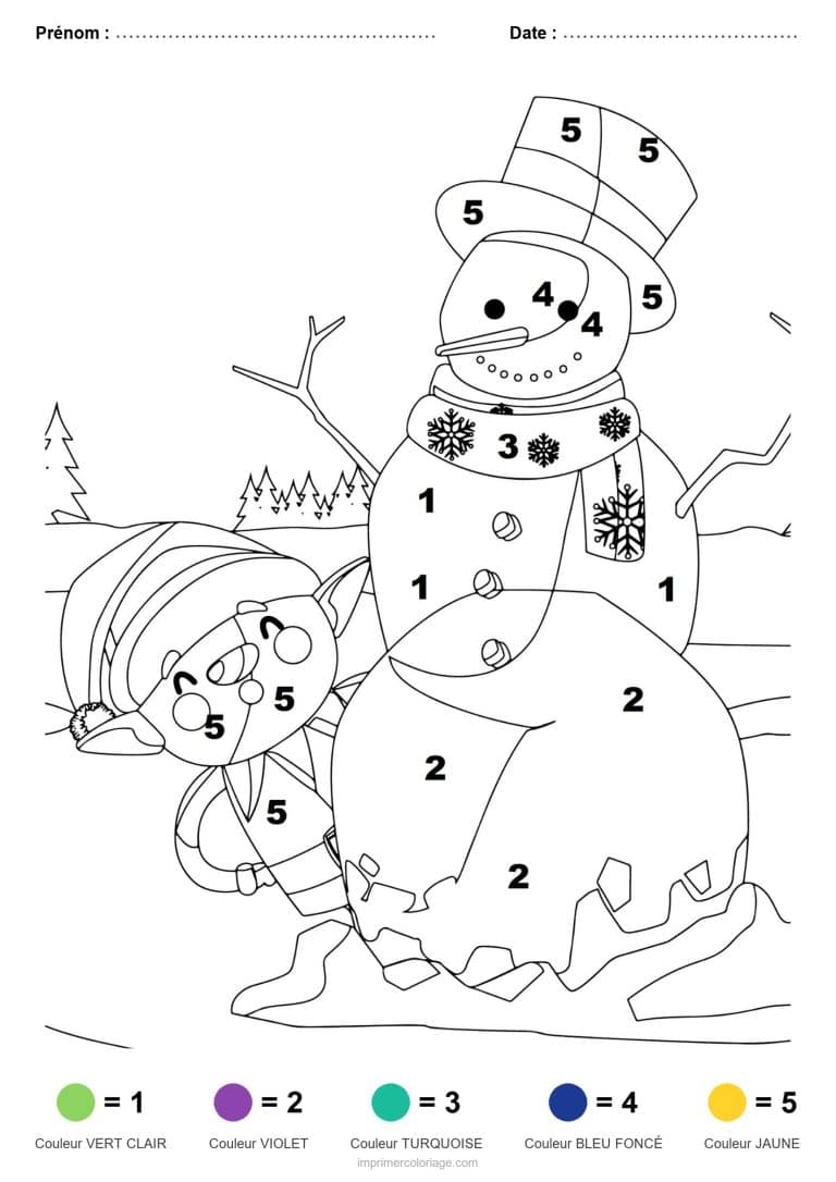 coloriage magique noel bonhomme de neige et lutin, dessin gratuit &agrave; imprimer