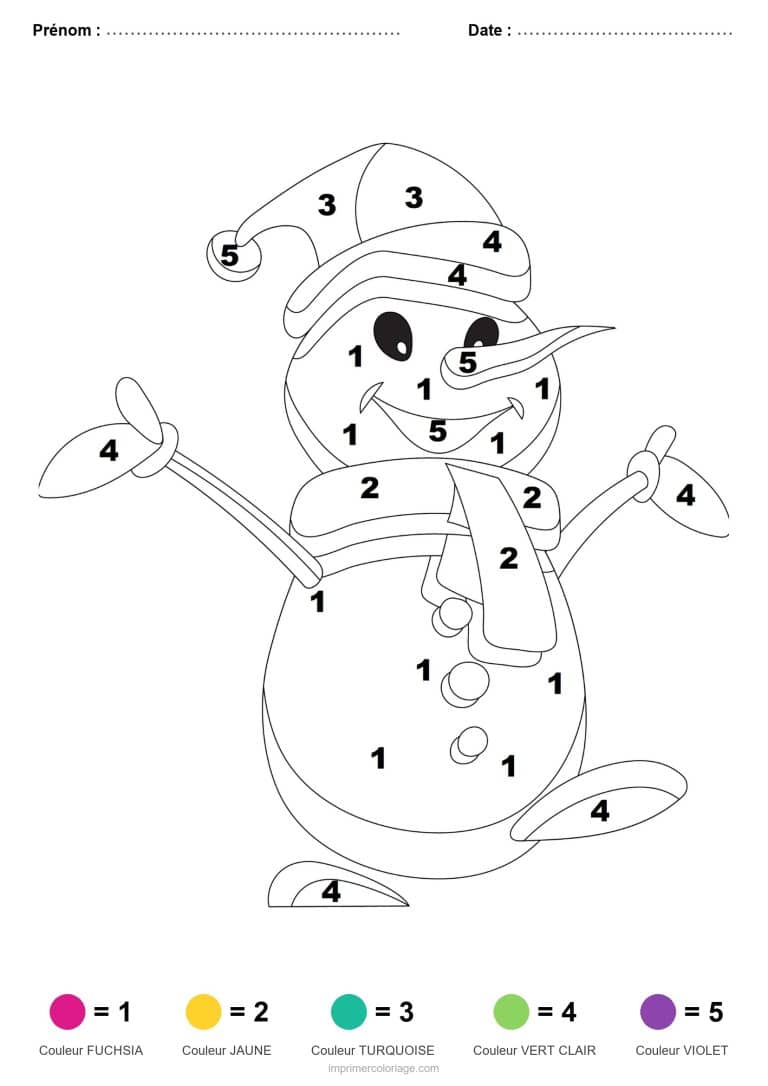 coloriage magique noel bonhomme de neige joyeux, dessin gratuit &agrave; imprimer