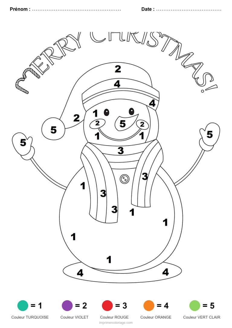 coloriage magique noel bonhomme de neige merry christmas, dessin gratuit &agrave; imprimer
