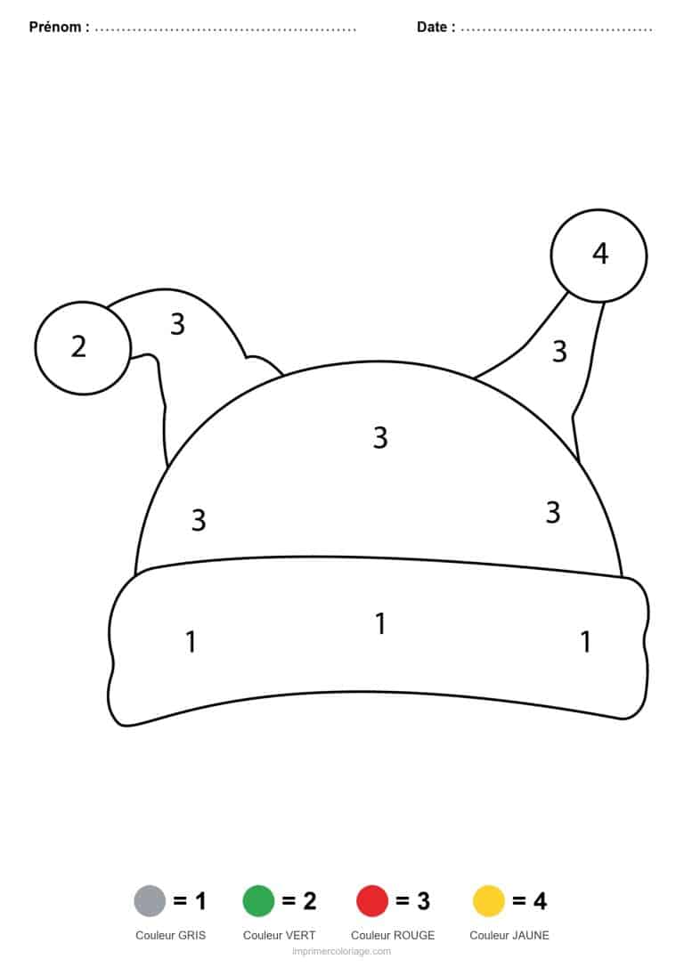 coloriage magique noel bonnet de lutin, dessin gratuit &agrave; imprimer