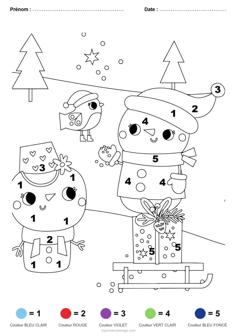 coloriage magique noel bonshommes de neige en luge, dessin gratuit &agrave; imprimer