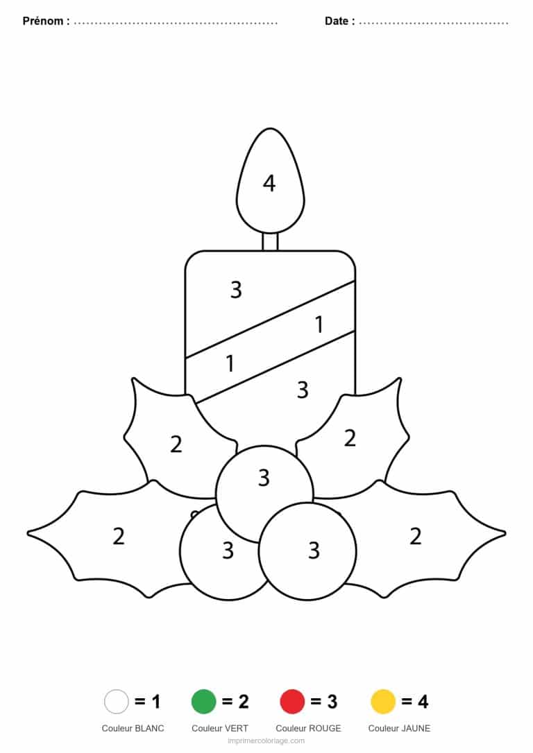 coloriage magique noel bougie et houx, dessin gratuit &agrave; imprimer