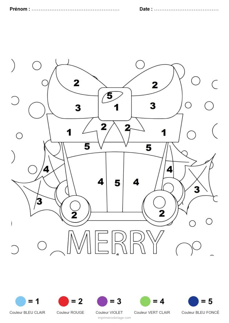 coloriage magique noel cadeau au noeud, dessin gratuit &agrave; imprimer