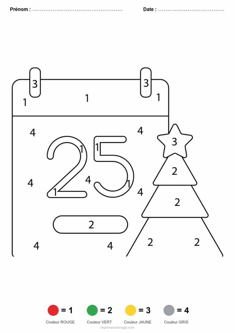 coloriage magique noel calendrier du 25 decembre, dessin gratuit &agrave; imprimer