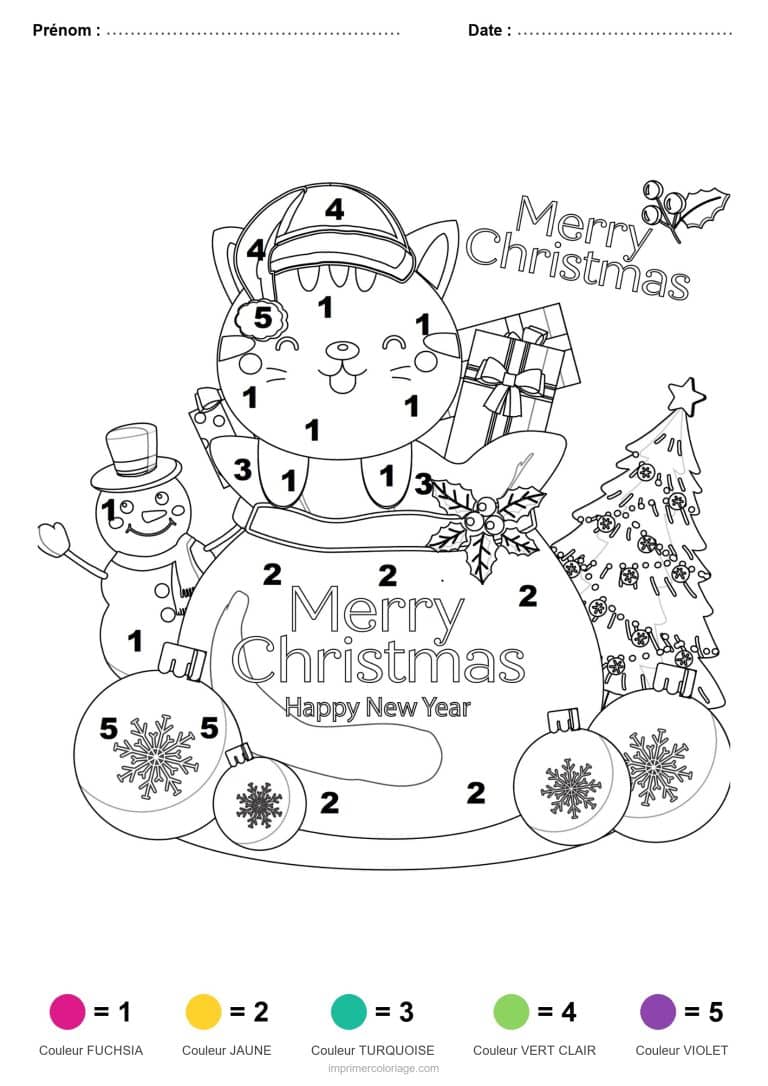coloriage magique noel chat et boules de noel, dessin gratuit &agrave; imprimer
