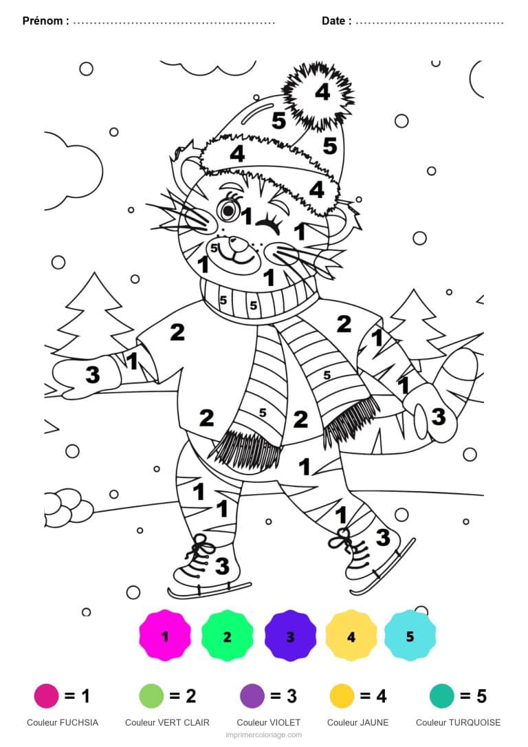 coloriage magique noel chat patineur, dessin gratuit &agrave; imprimer