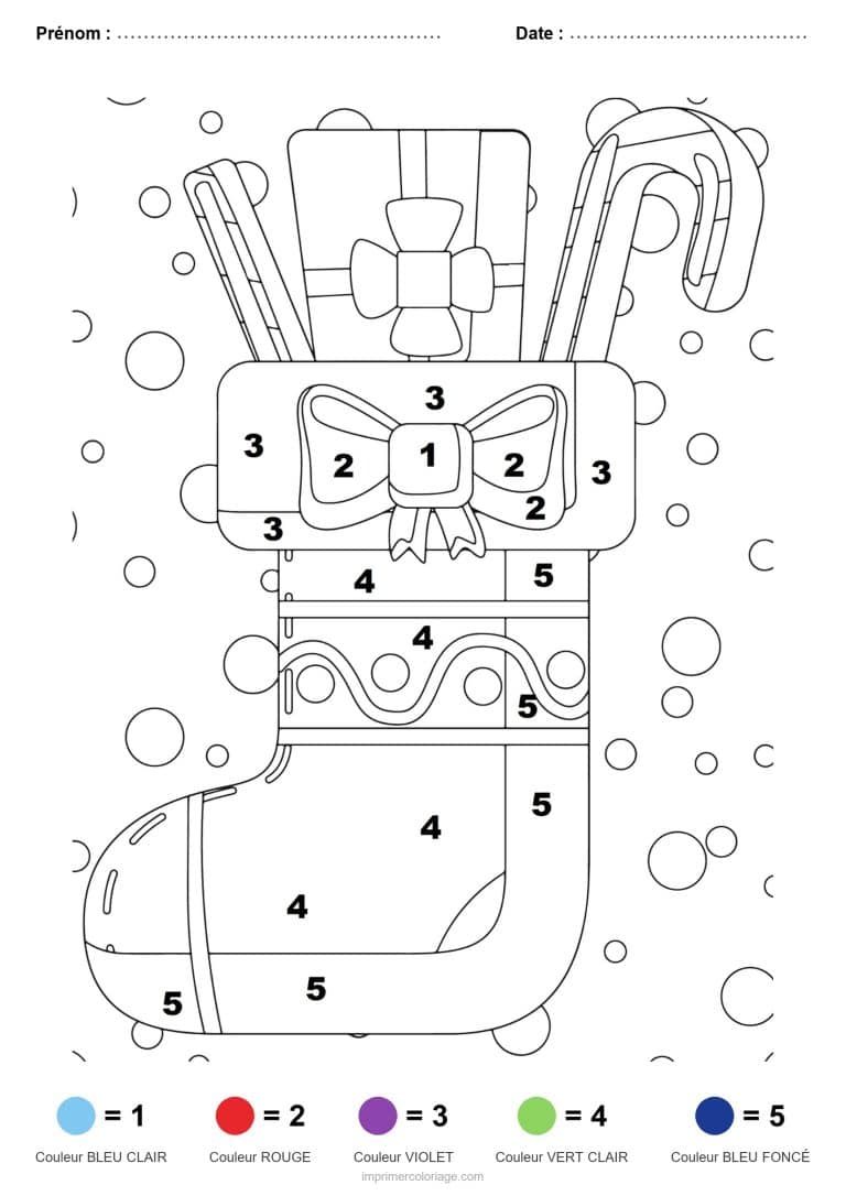 coloriage magique noel chaussette garnie, dessin gratuit &agrave; imprimer