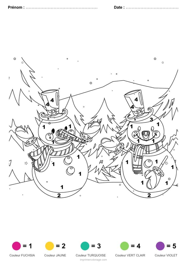coloriage magique noel deux bonshommes de neige, dessin gratuit &agrave; imprimer