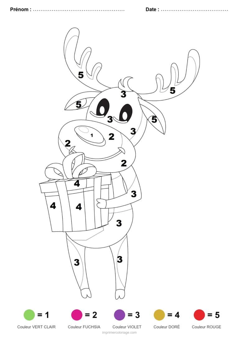 coloriage magique noel elan au cadeau, dessin gratuit &agrave; imprimer