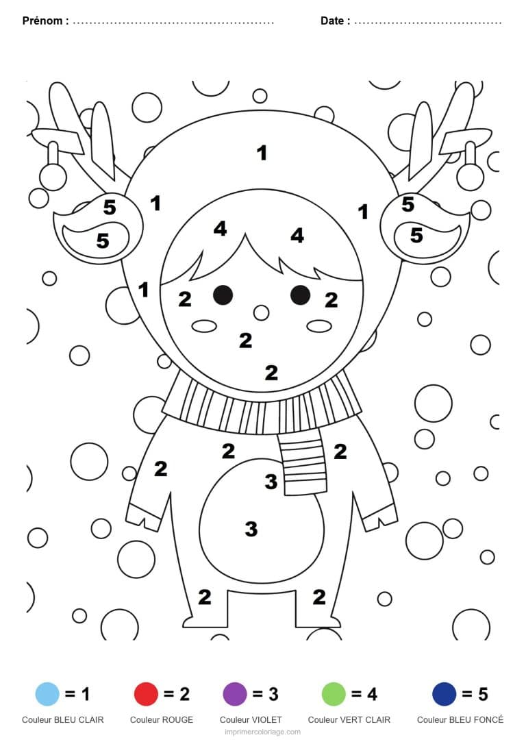 coloriage magique noel enfant au serre tete de renne, dessin gratuit &agrave; imprimer