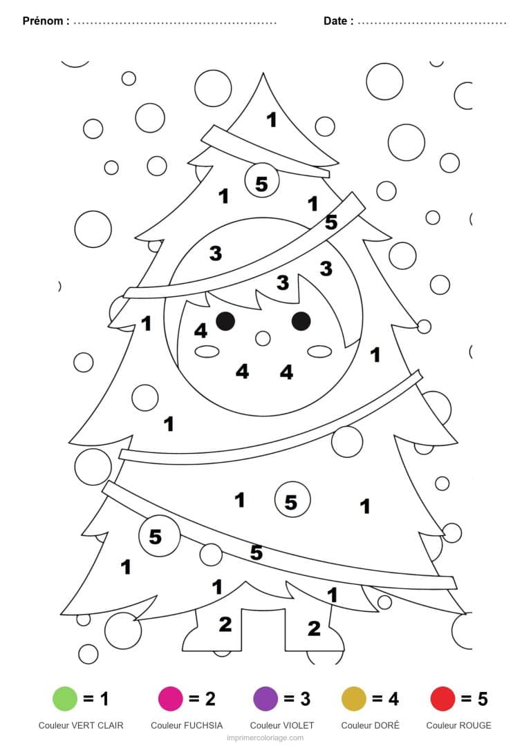 coloriage magique noel enfant dans le sapin, dessin gratuit &agrave; imprimer