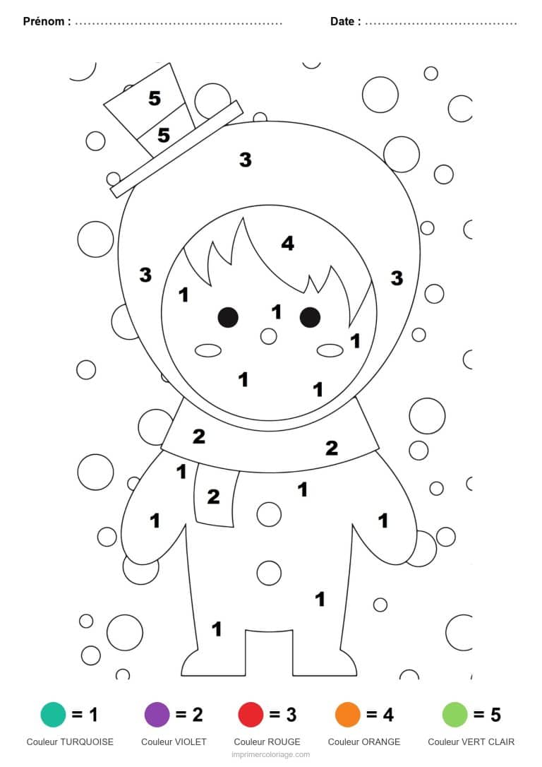 coloriage magique noel enfant en combinaison de neige, dessin gratuit &agrave; imprimer