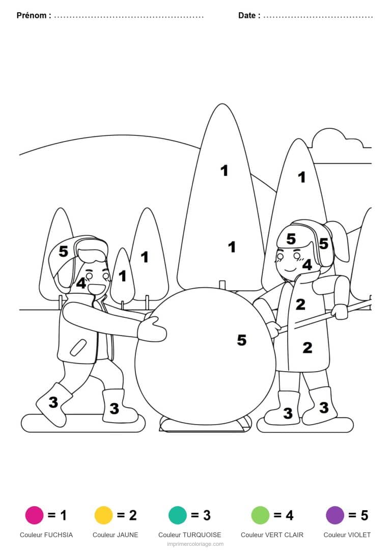 coloriage magique noel enfants et boule de neige, dessin gratuit &agrave; imprimer