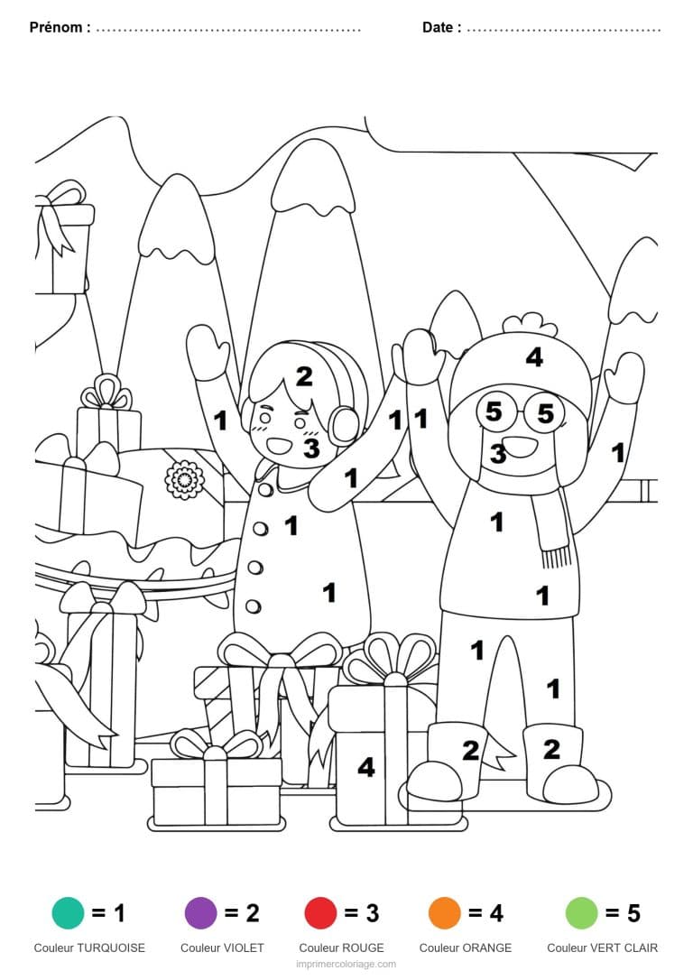 coloriage magique noel enfants et cadeaux, dessin gratuit &agrave; imprimer
