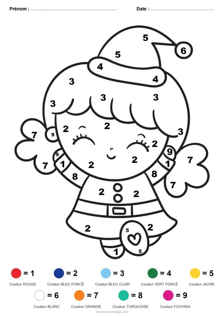 coloriage magique noel fille au bonnet de noel, dessin gratuit &agrave; imprimer