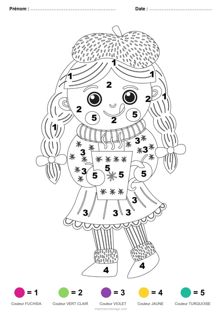 coloriage magique noel fillette en hiver, dessin gratuit &agrave; imprimer