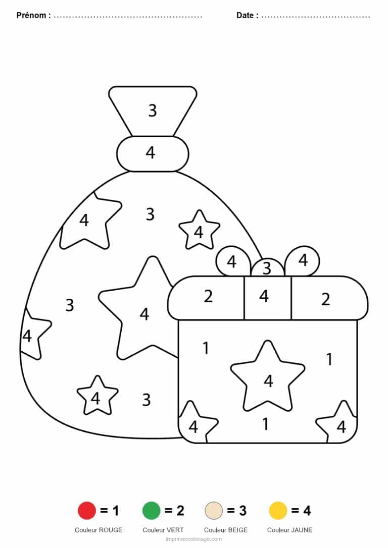 coloriage magique noel hotte et cadeaux, dessin gratuit &agrave; imprimer