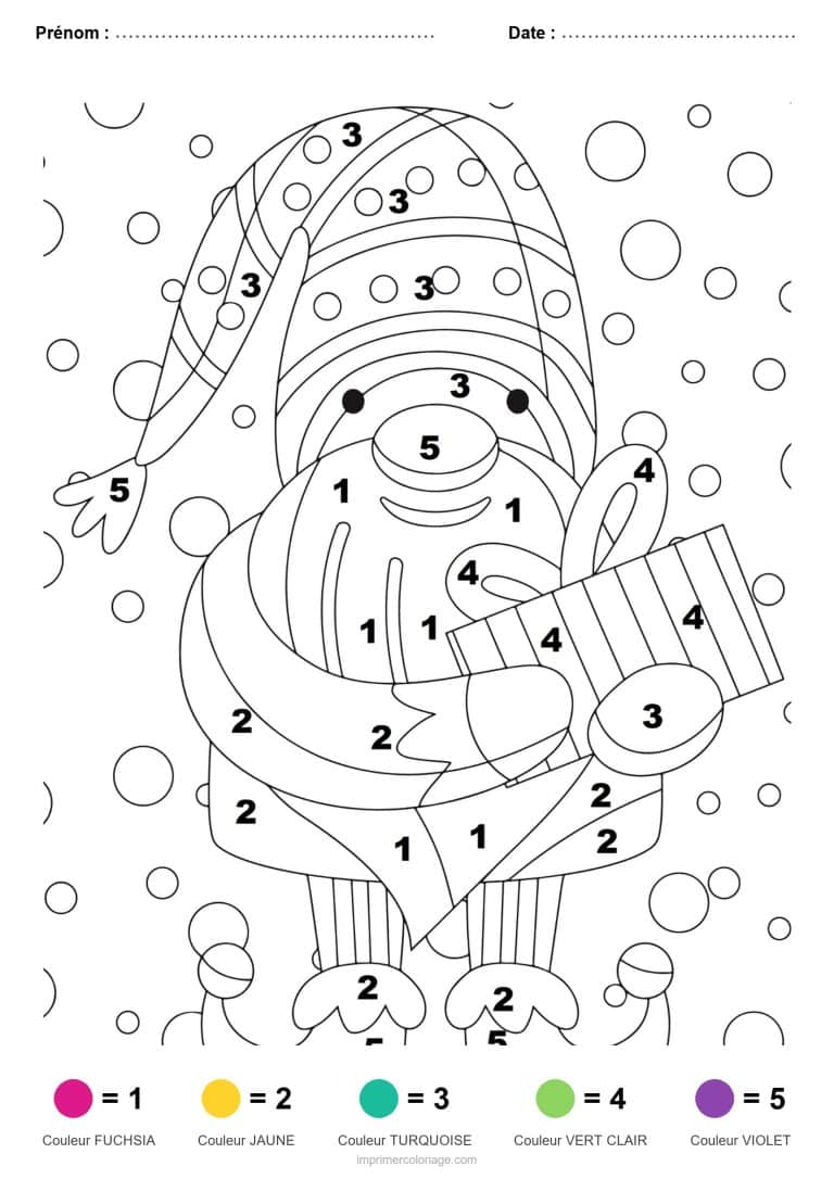 coloriage magique noel lutin au cadeau, dessin gratuit &agrave; imprimer