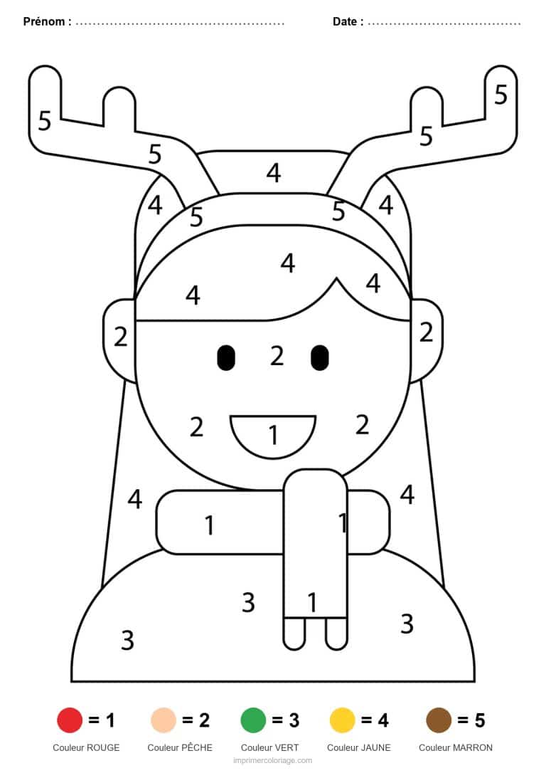 coloriage magique noel lutin aux bois de renne, dessin gratuit &agrave; imprimer