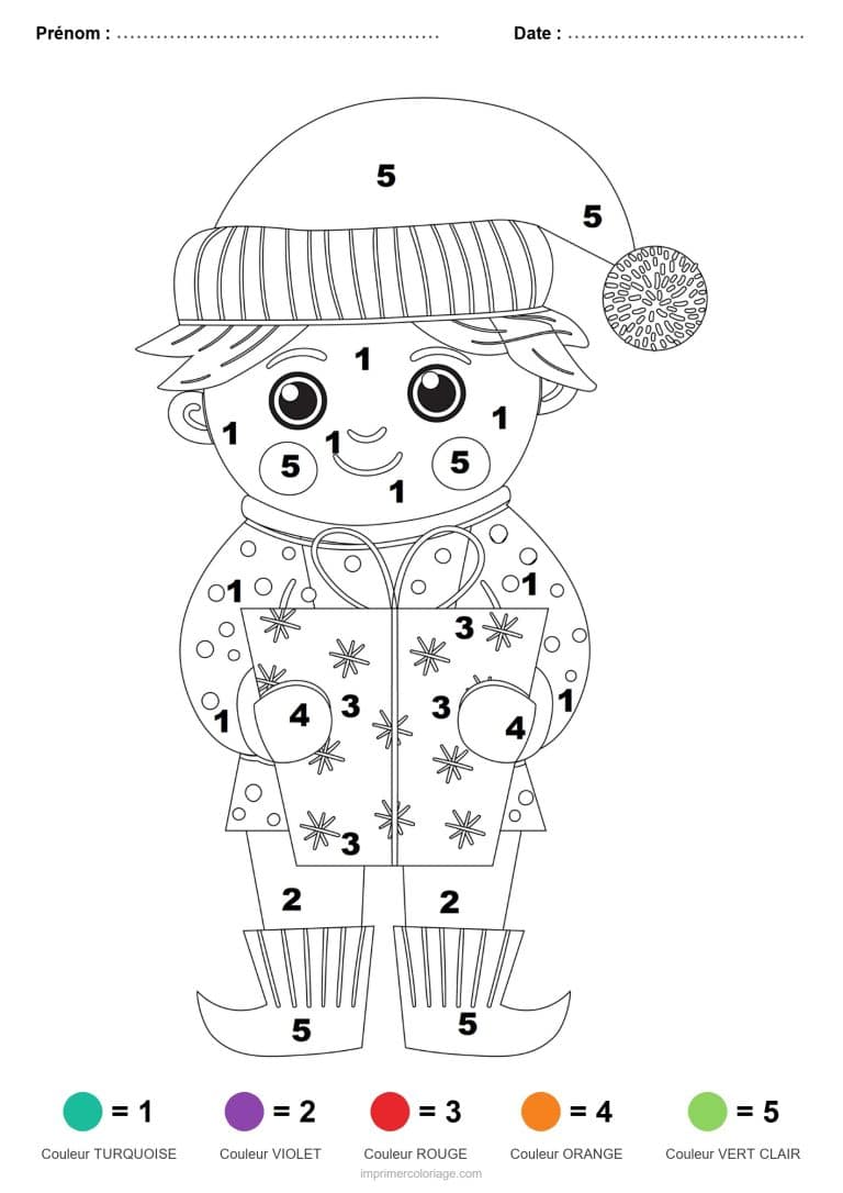 coloriage magique noel lutin en pyjama, dessin gratuit &agrave; imprimer