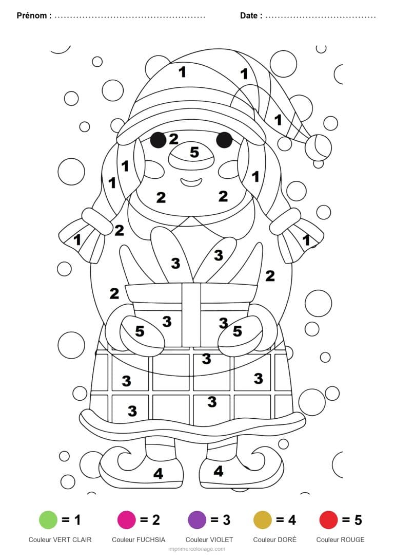 coloriage magique noel lutin et cadeau, dessin gratuit &agrave; imprimer