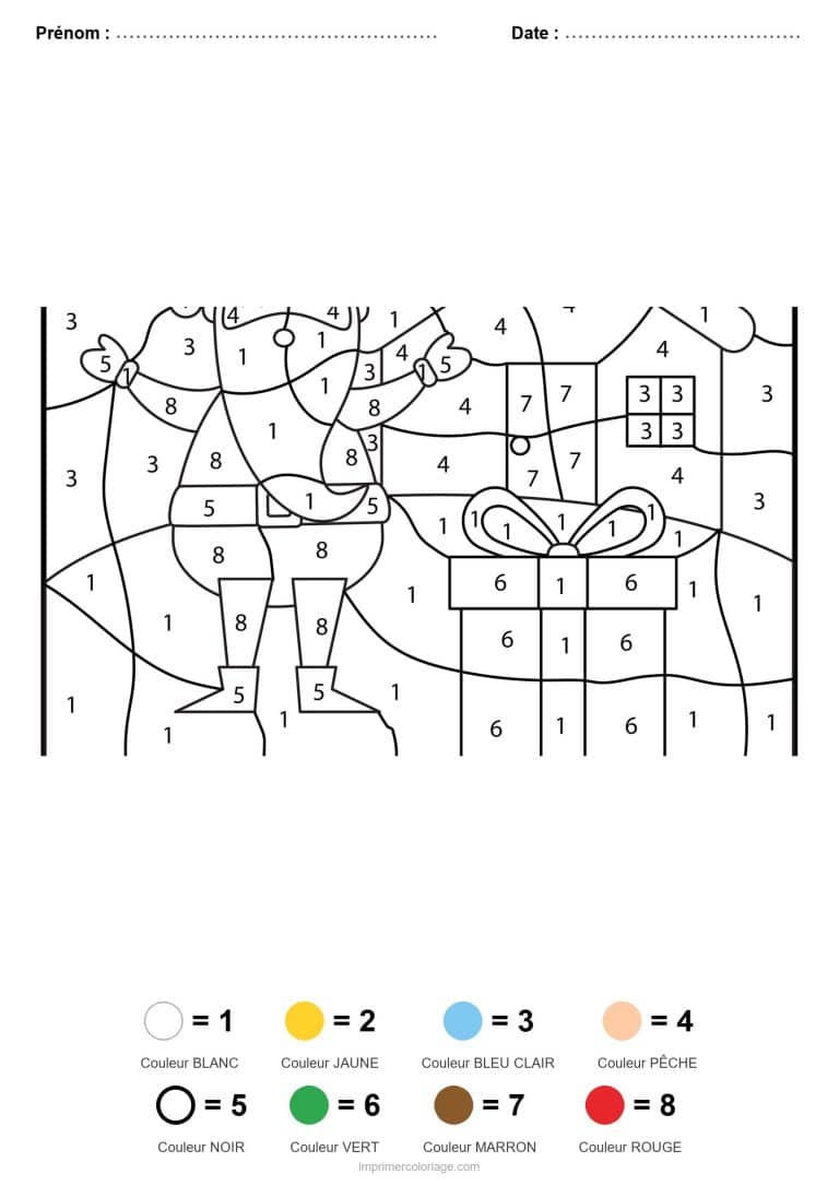 coloriage magique noel lutin et cadeaux, dessin gratuit &agrave; imprimer